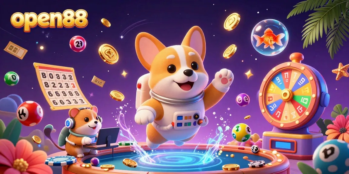 Experience thrilling gaming with open88 as our astronaut corgi enjoys a vibrant casino atmosphere filled with fun elements.