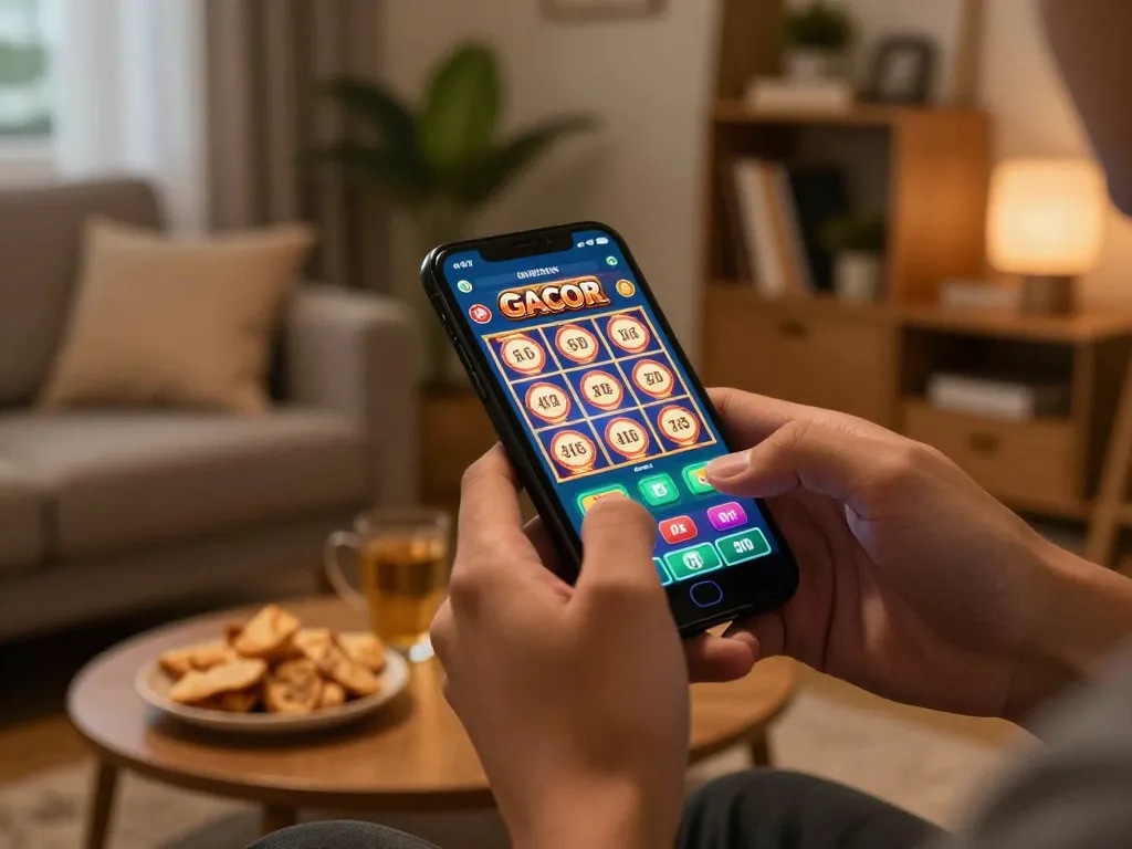 Terlibat dalam perjudian online melalui smartphone dengan opsi link slot gacor yang ditampilkan, menampilkan lingkungan bermain di rumah.