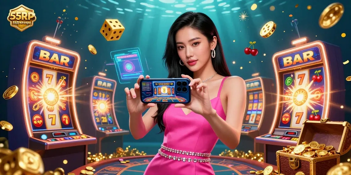 Berinteraksi dengan 55RP terpercaya, semangat permainan digambarkan melalui ilustrasi 3D yang cerah yang menampilkan pengalaman permainan dealer langsung.