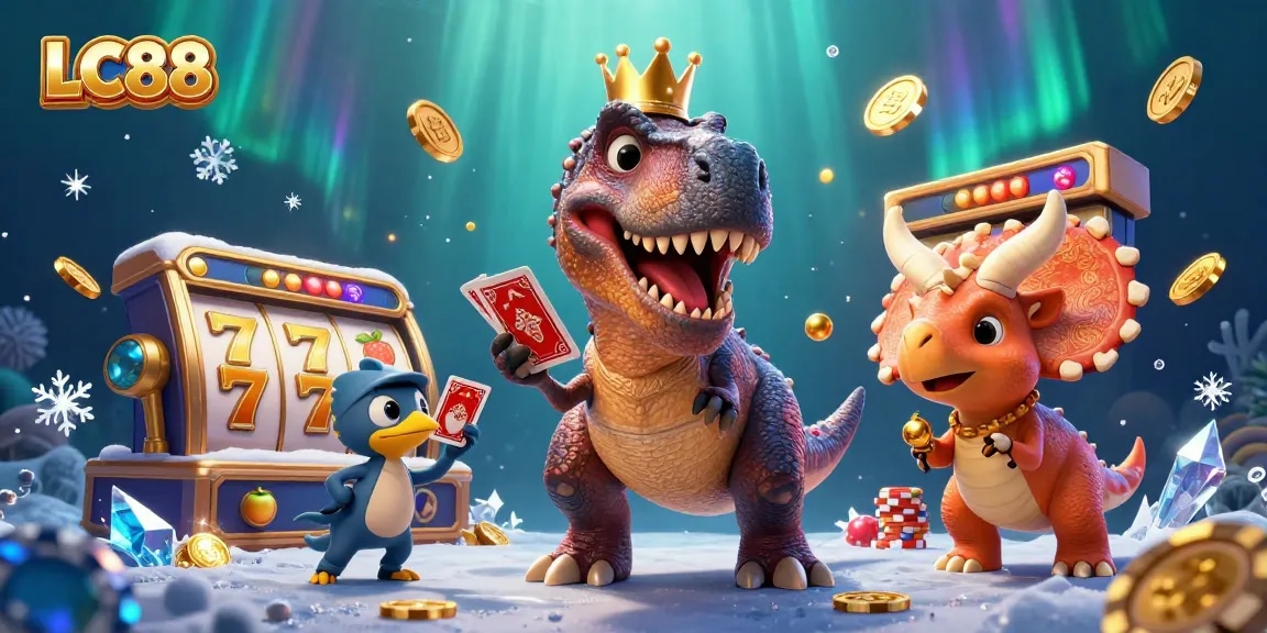 Experience thrilling slot games with LC88's fun dinosaur characters and vibrant casino elements.
