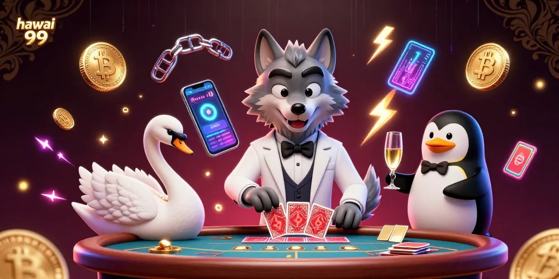 Experience winning at hawai 99 with an immersive casino scene featuring a wolf, swan, and penguin.