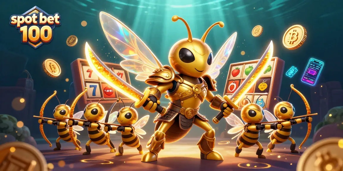 Slot bet 100 menampilkan ilustrasi kasino dengan simbol slot yang berkilau berpusat pada figur unik.