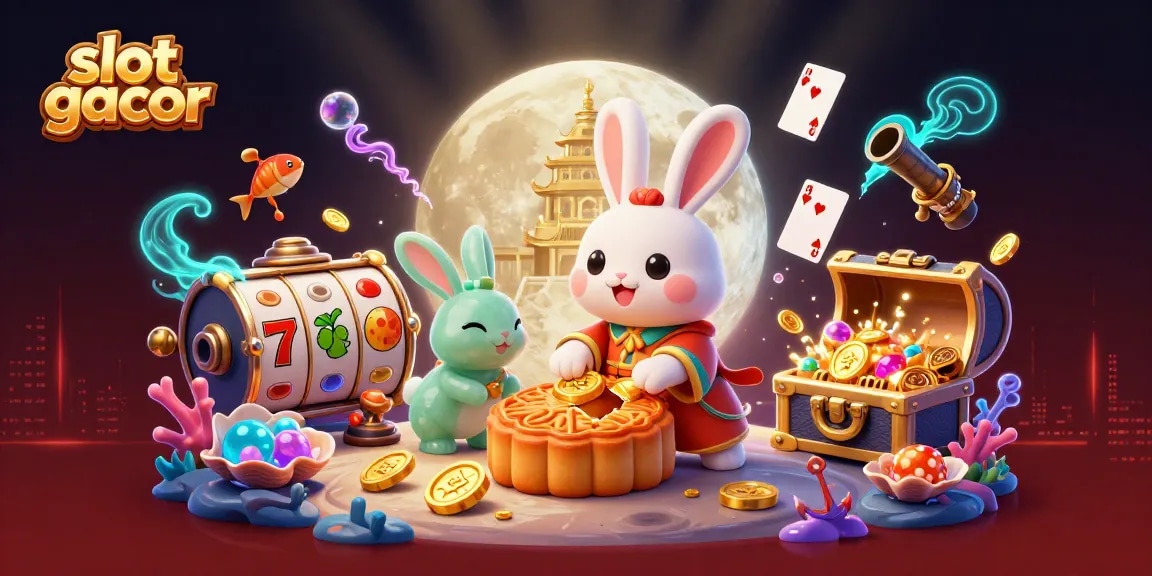 Ilustrasi slot gacor dengan kelinci bulan dan simbol jackpot, memikat bagi penjudi.