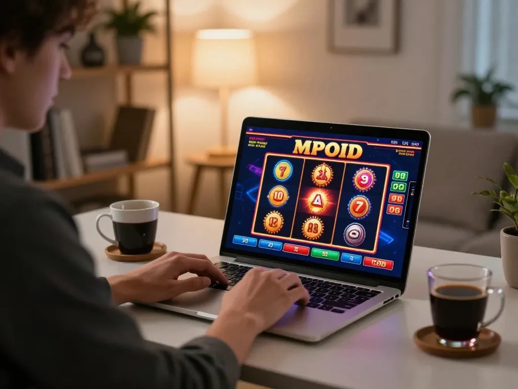 MPOID online gaming experience with vibrant slots on a laptop in a cozy home setup.