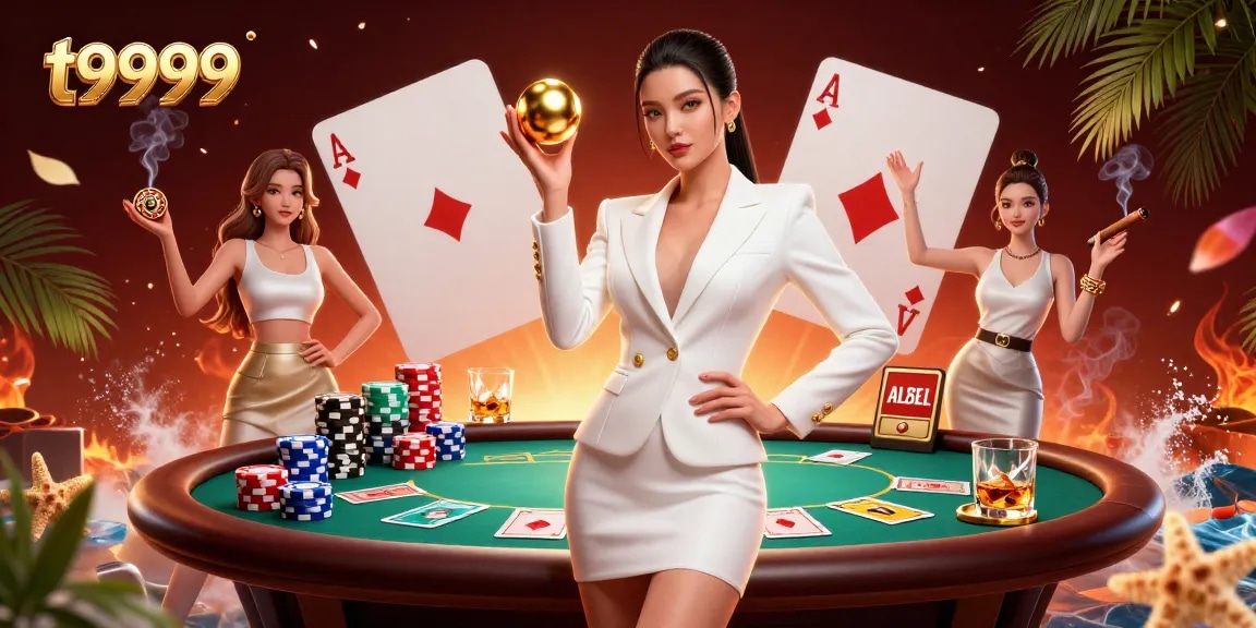 T9999 showcases an elegant Asian woman confidently holding a roulette ball among vibrant casino elements.