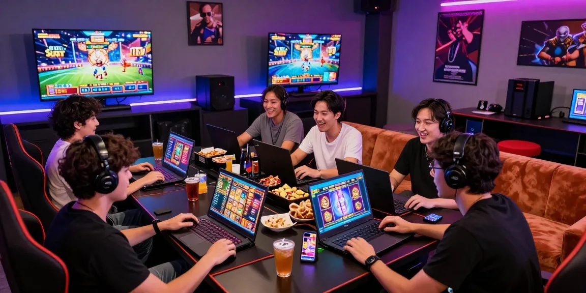 Engaging gaming lounge scene showcasing friends enjoying situs slot games together.