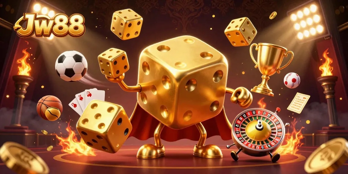 Jw88 celebrates wins with golden dice juggling in a dynamic casino scene filled with sports elements.
