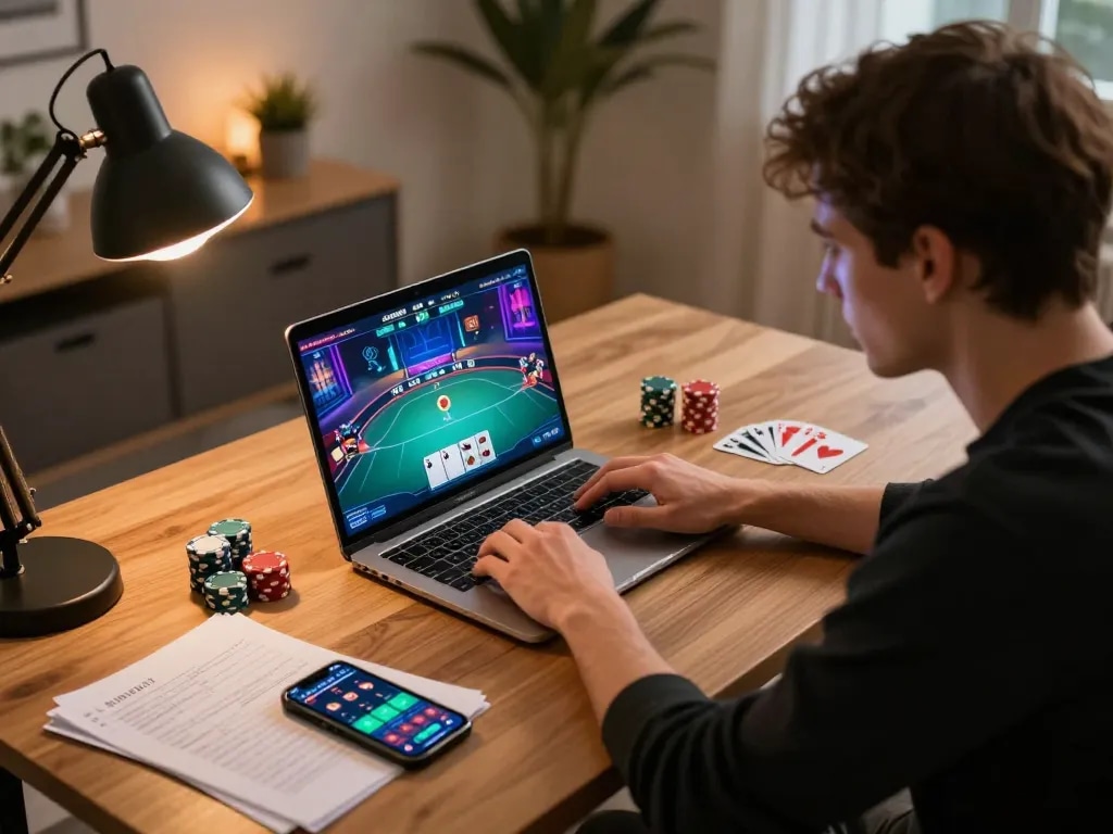 Sesi strategi poker daring yang menarik di alfa 138 dengan laptop, catatan, dan smartphone.