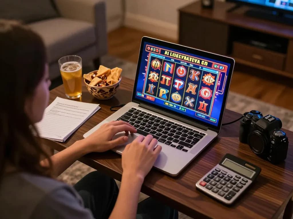 IDCJOKER player enjoying an online slot game at home with engaging visuals and strategic notes.