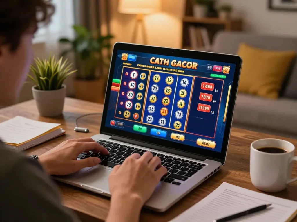 Engaging player enjoying toto slot gacor game on a laptop in a cozy home setting.