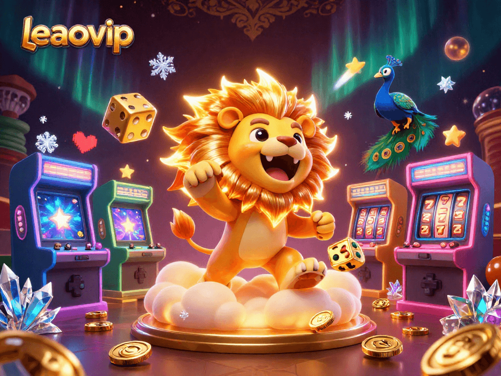 Play with leaovip’s vibrant, captivating scene featuring a roaring lion and cosmic elements.