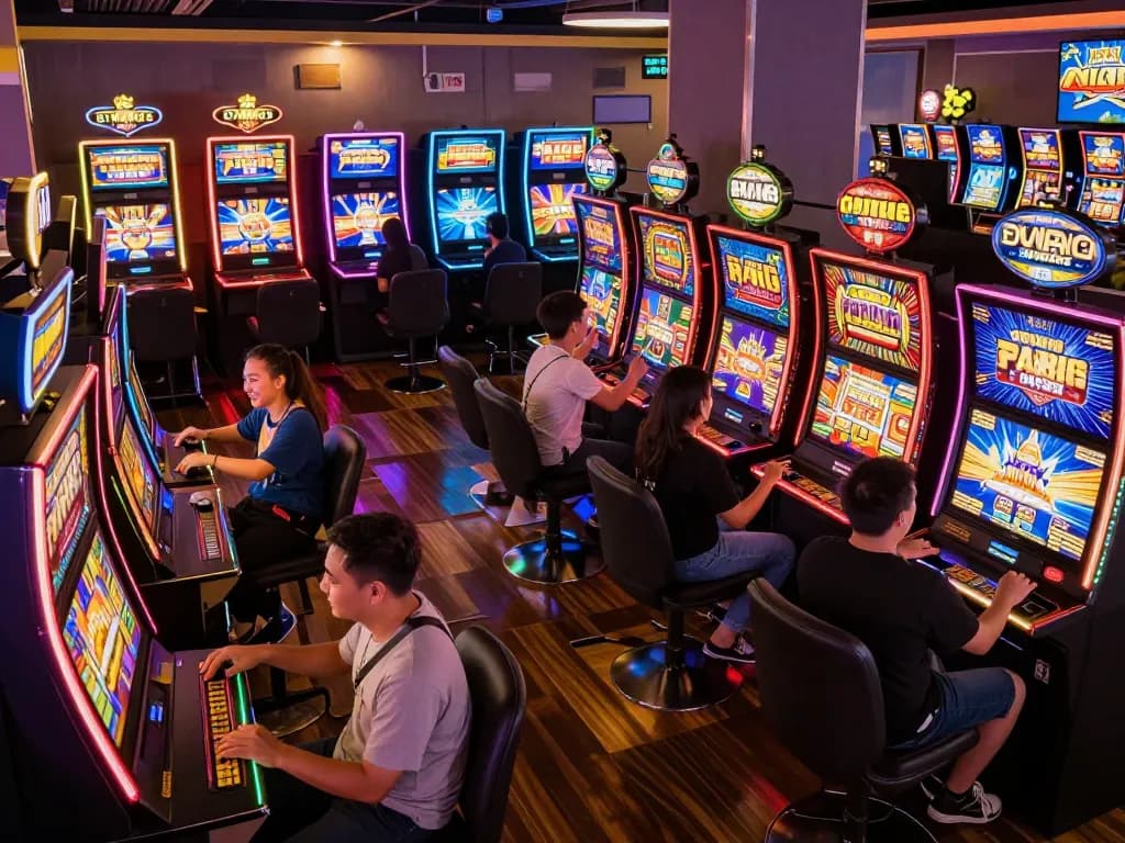 Players enjoying thrilling games at IDCWIN88 slot machines, showcasing excitement and engagement in a vibrant setting