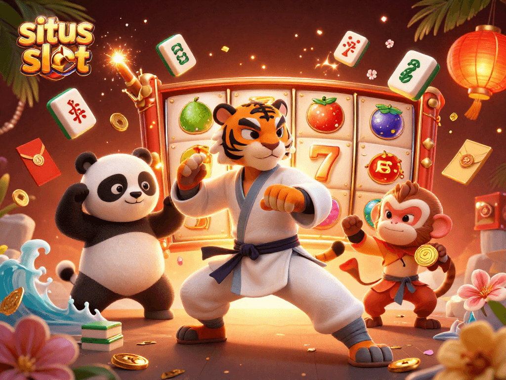 Experience excitement at situs slot with playful characters, golden symbols, and dynamic spinning reels.