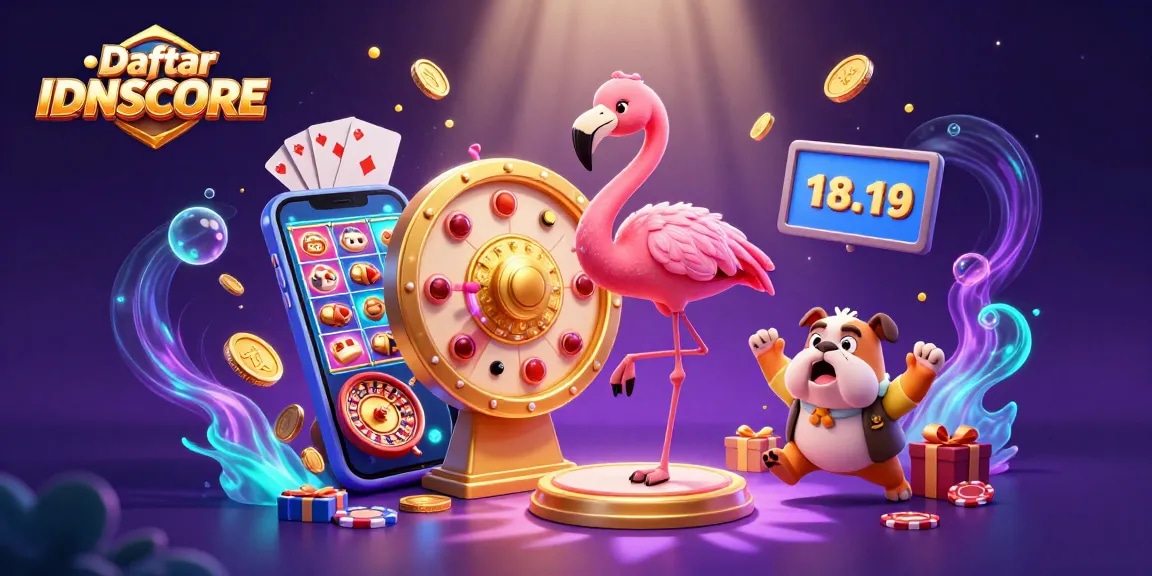 Daftar IDNSCORE showcases a lively 3D casino scene with a game show host and vibrant slot game elements.