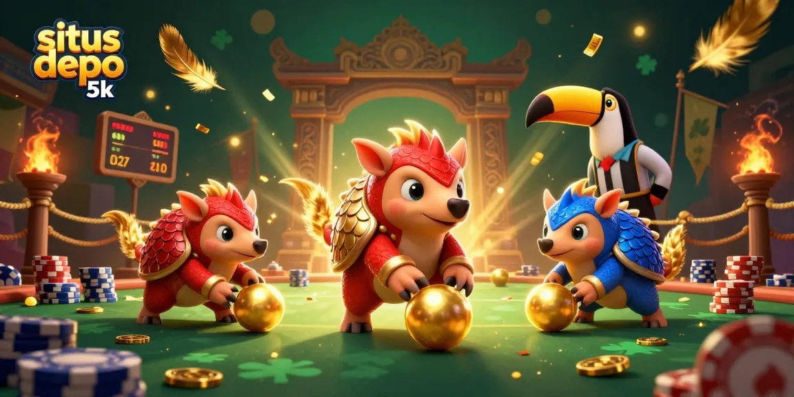 Experience thrilling gameplay at situs depo 5k with vibrant 3D pangolins competing amidst golden jackpots and festive atmosphere.