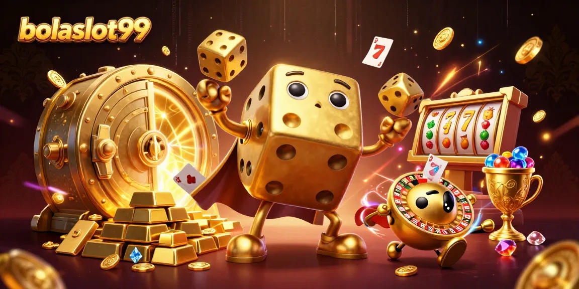 Bolaslot99 showcases a lively 3D casino scene with golden dice and treasure elements.