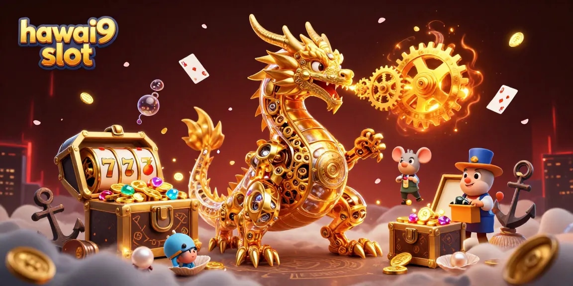Engage with the hawai9 slot adventure in a vibrant, treasure-filled 3D illustration with unique casino elements.