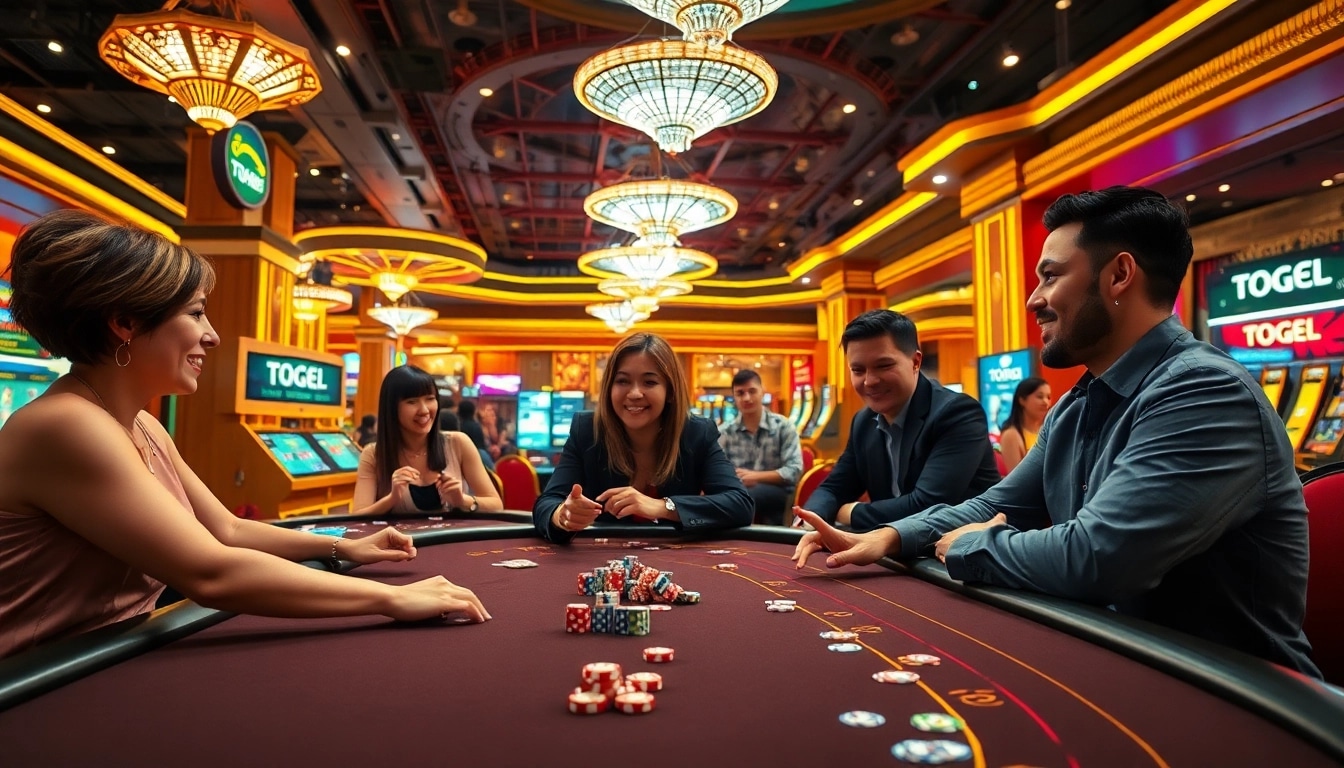 Situs togel menarik di kasino dengan pemain terlibat dan suasana ceria.