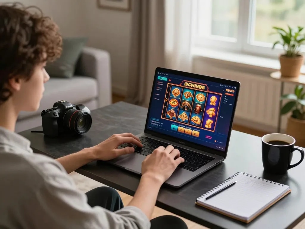 Player enjoying IDCWIN88 slots on a laptop in a cozy gaming setup.