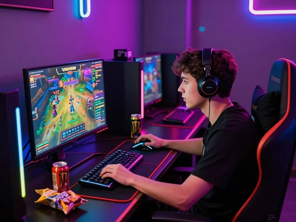 Pemain yang terlibat dalam permainan slot online VIRUS88 dengan cahaya LED yang cerah, perlengkapan permainan, dan suasana yang mendalam.
