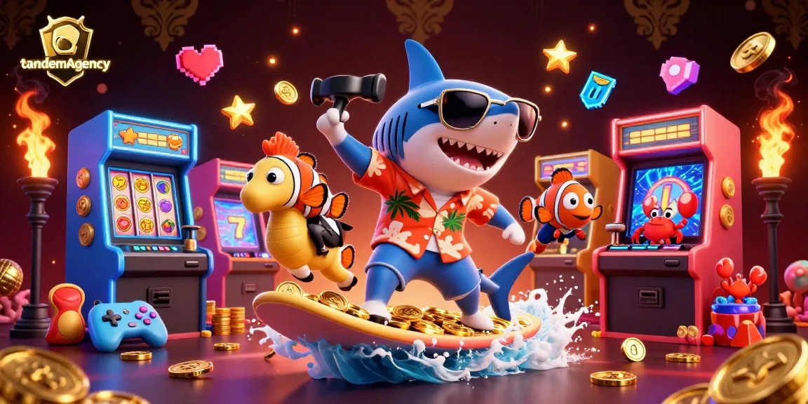 Tandemagency captures a lively casino scene with a shark surfing gold coins, showcasing vibrant slot elements.