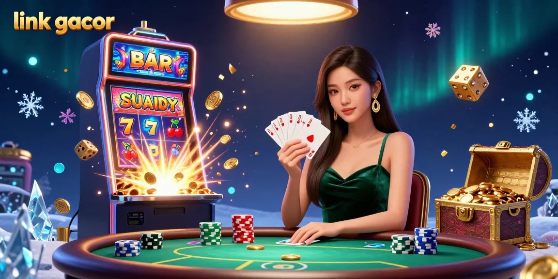 Play exciting slots and poker, featuring a beautiful Asian actress and link gacor elements in vibrant graphics.