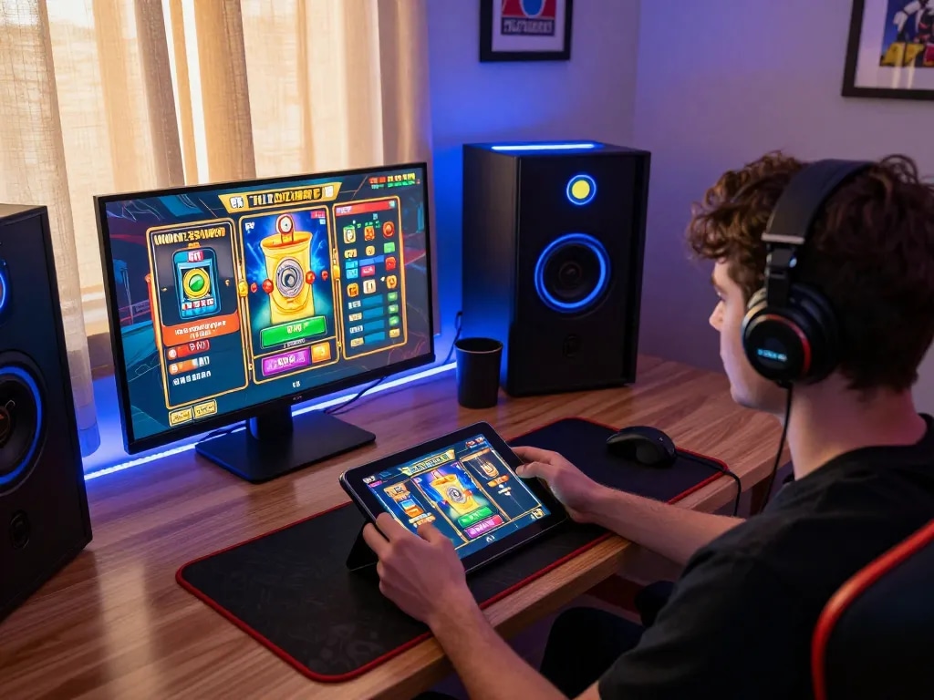 IDNSCORE player enjoying a slot game on a tablet in a cozy gaming setup, emphasizing responsible gaming.