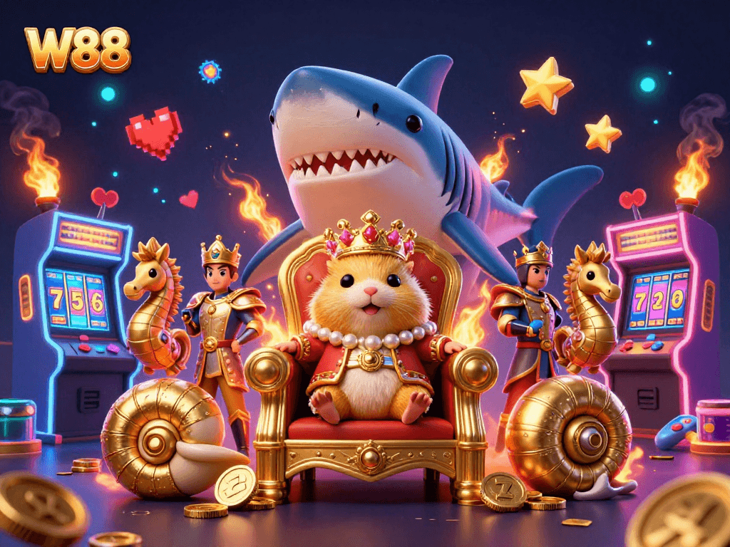 Join the online gaming adventure at W88 with a golden hamster king in a vibrant casino scene.