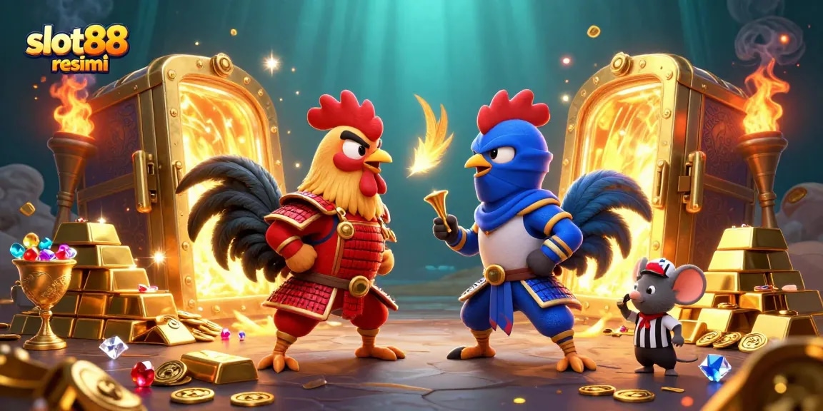 Mengoptimalkan slot88 resmi dengan duel ayam kartun yang dramatis dalam suasana berkilau.