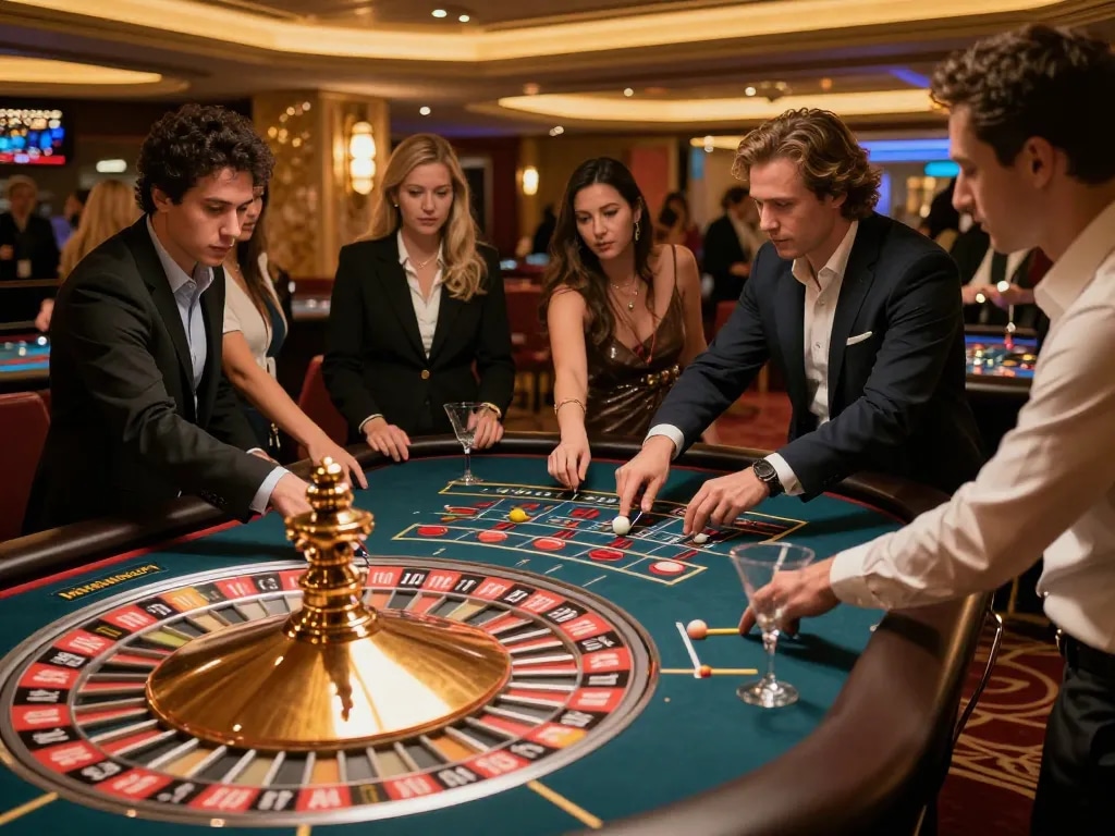 Players engaging in intense gameplay at UG DEWA roulette table in luxurious casino setting