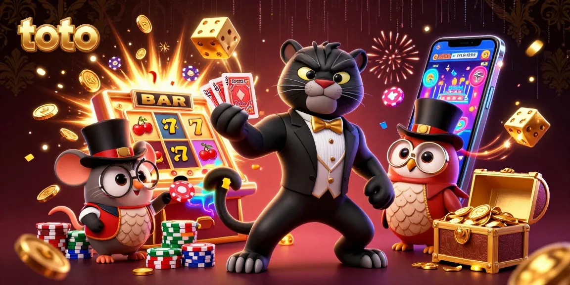 Toto permainan casino dengan panther, burung hantu dan tikus beruntung di latar berkilau.