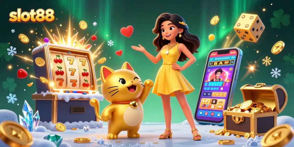 Experience the excitement of slot88 with the charming Asian woman and golden lucky cat amidst a jackpot of coins.