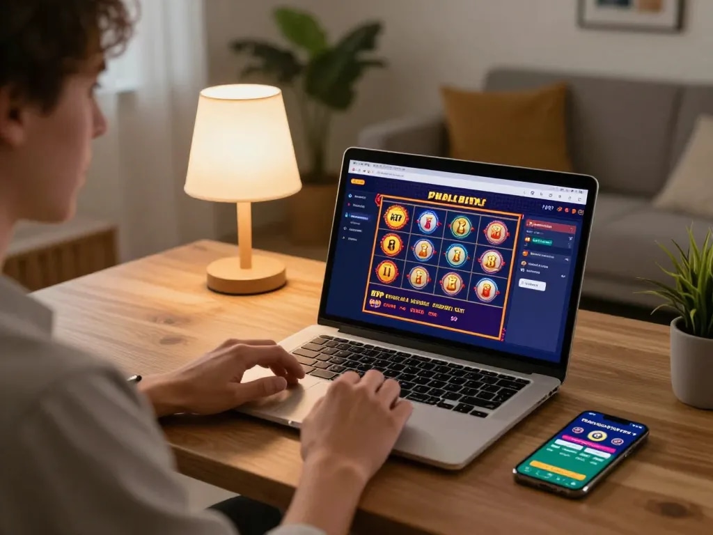 Engaged player using an online casino platform featuring link gacor slot games with vibrant gameplay on screen.