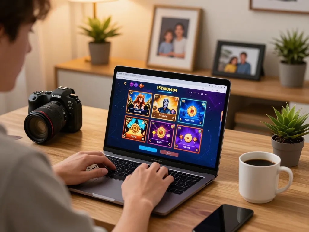 Engaging in online gaming on ISTANA404 platform, showcasing a cozy home workspace.