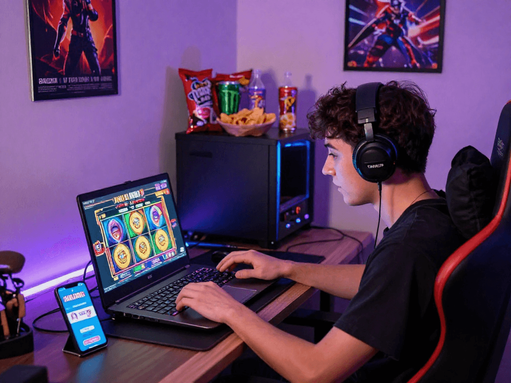 Engaged player enjoying situs slot terbaru on a laptop in a vibrant gaming room, showcasing the excitement of online slots.