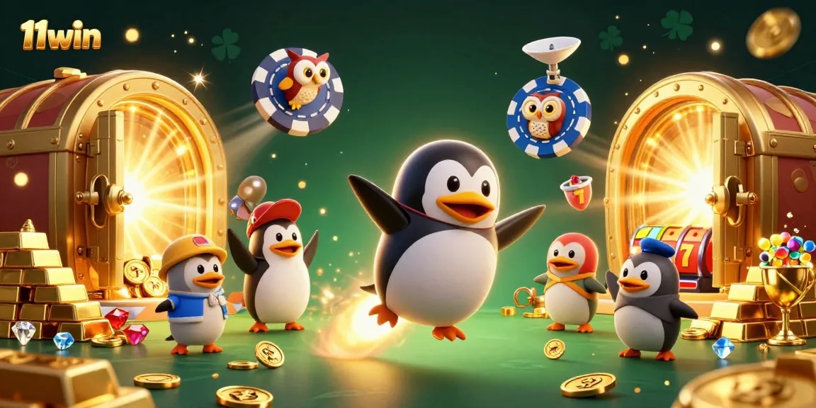 Experience the vibrant world of 11win with a golden penguin racing toward a casino space station.