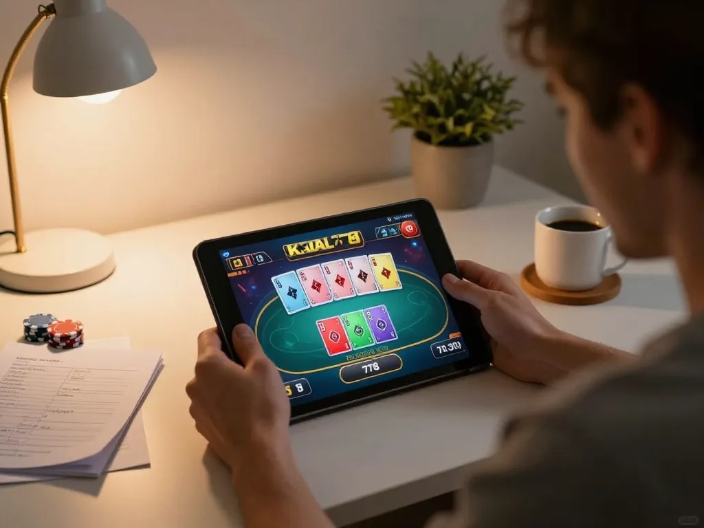 KADAL 778 player strategizing while engaged in online poker game, cozy home atmosphere.