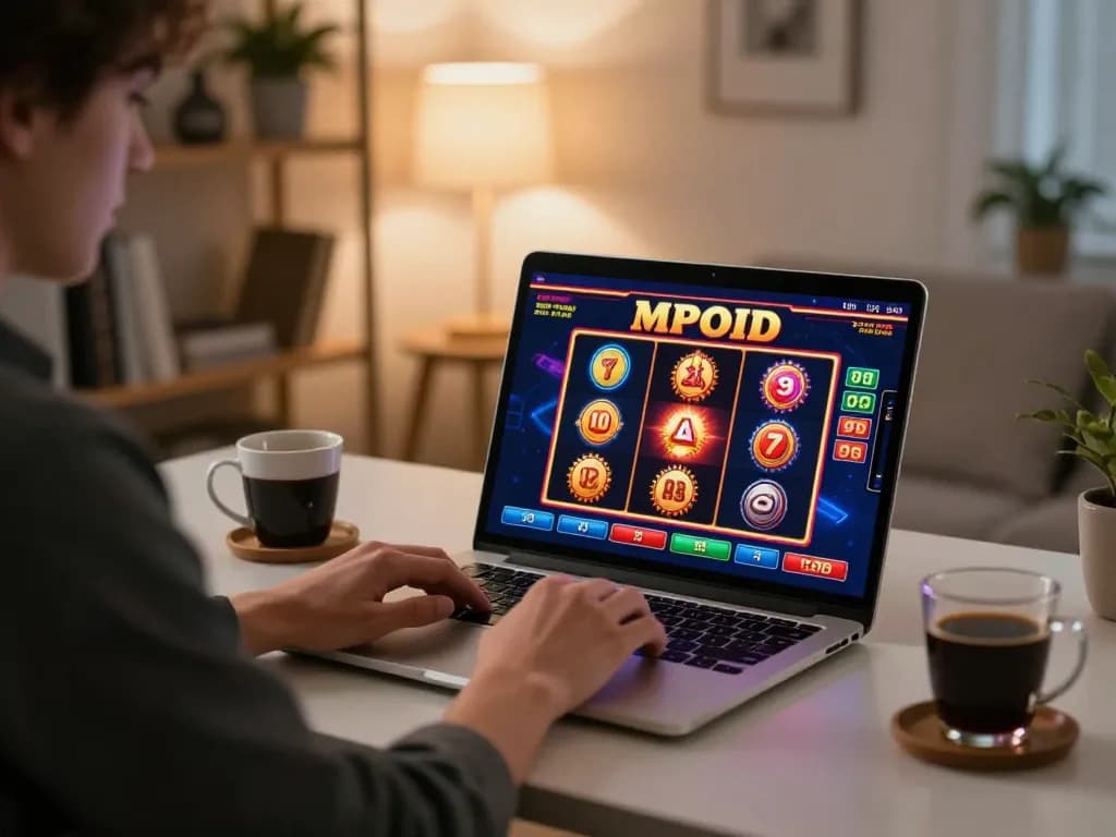 MPOID online gaming experience with vibrant slots on a laptop in a cozy home setup.