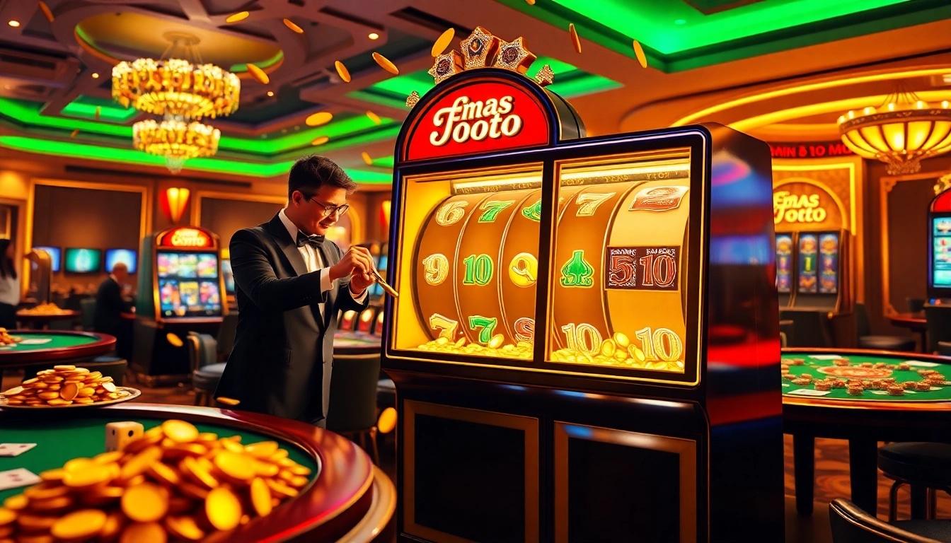 Berinteraksi dengan mesin slot Emas Toto yang menampilkan aksi dinamis dan elemen kasino mewah.