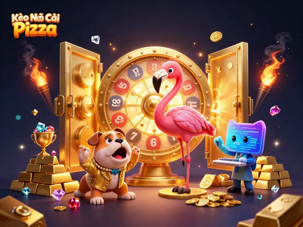 Kèo Nhà Cái Pizza showcases an exciting game show scene featuring vibrant characters and treasure elements.