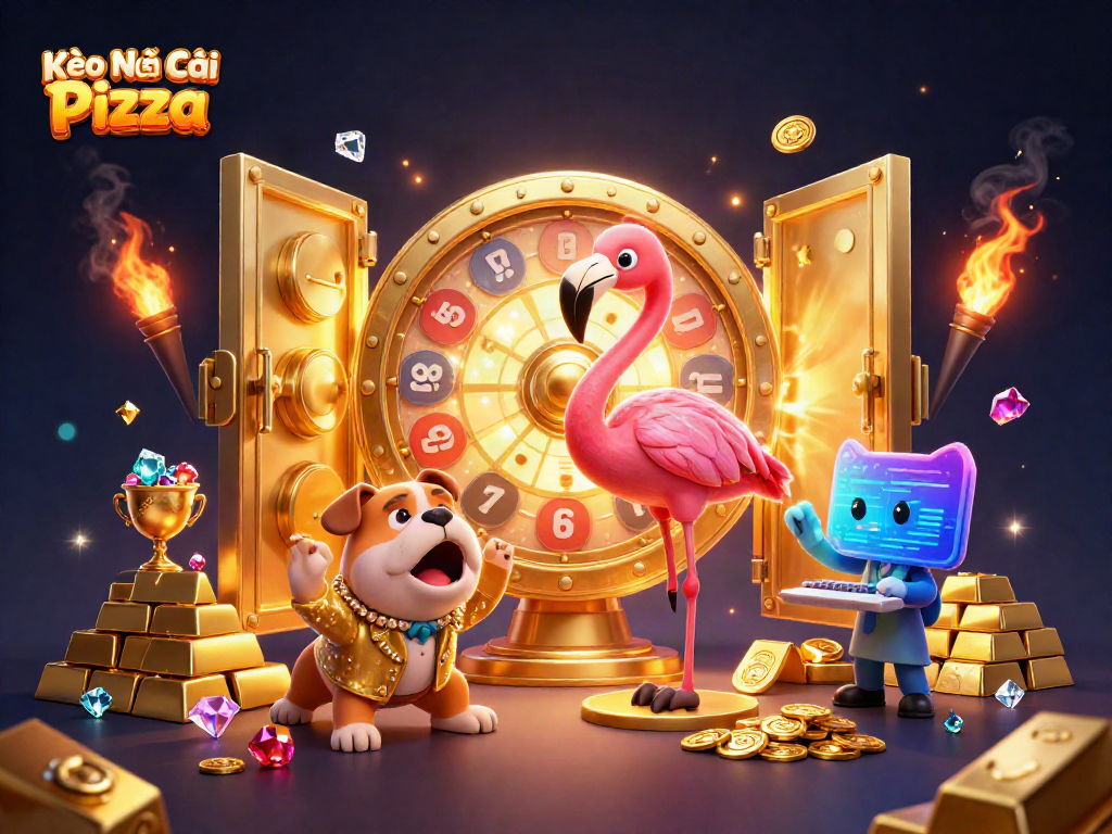 Kèo Nhà Cái Pizza showcases an exciting game show scene featuring vibrant characters and treasure elements.