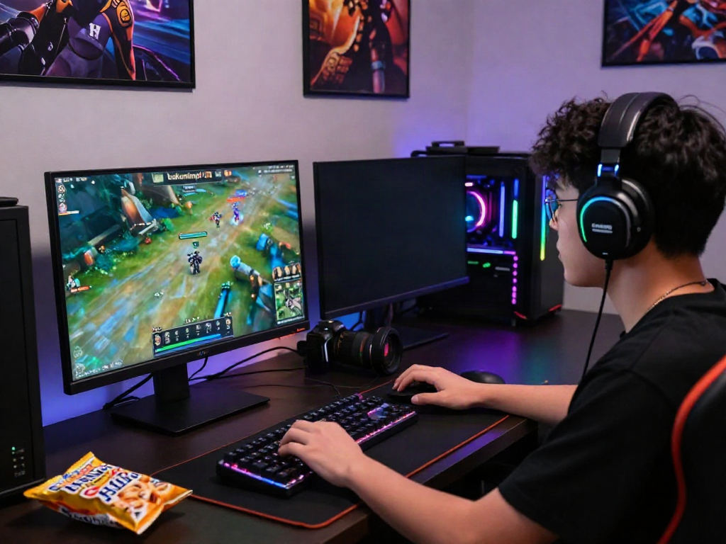 Gamer terfokus bermain dengan keyword bukumimpi138, dikelilingi peralatan gaming modern dan pencahayaan RGB, menciptakan suasana dinamis.