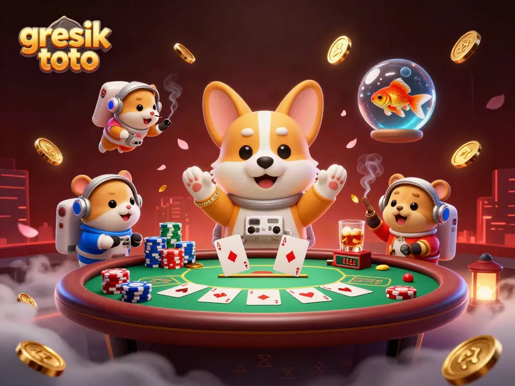 Gresik toto menampilkan corgi astronaut 3D di kasino luar angkasa, dikelilingi chip poker dan koin emas