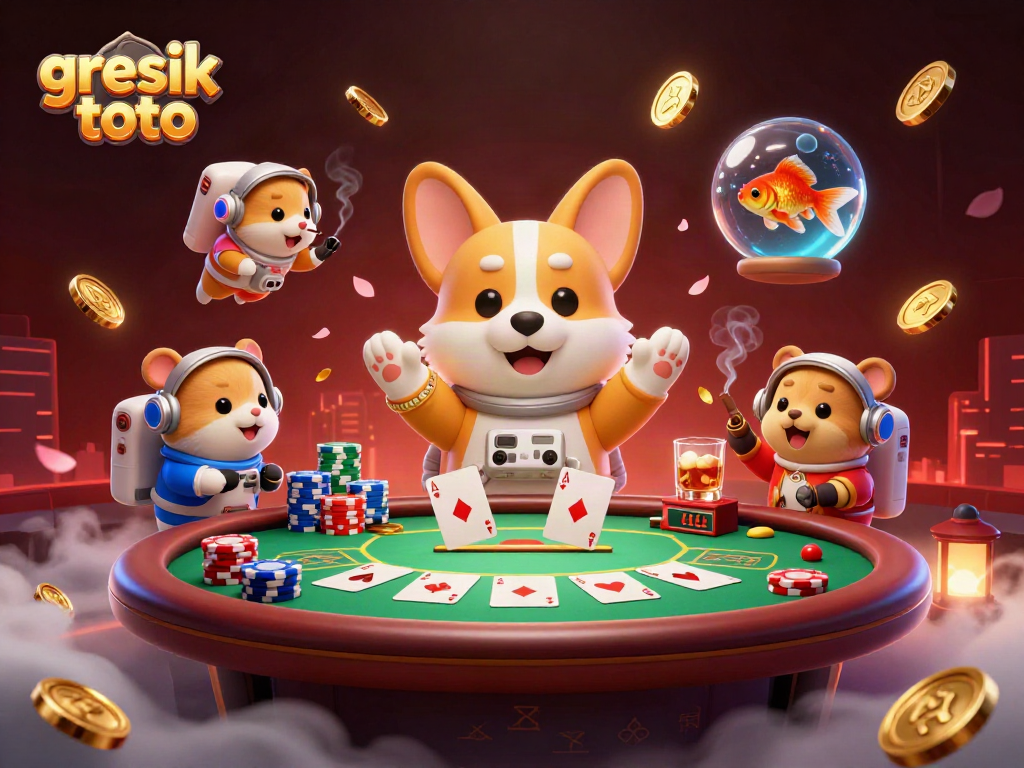 Gresik toto menampilkan corgi astronaut 3D di kasino luar angkasa, dikelilingi chip poker dan koin emas
