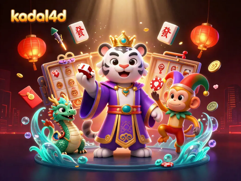 Kadal4d illustrates a vibrant casino scene with a majestic white tiger, golden monkey juggling poker chips, and a lively jade dragon, showcasing thrilling gaming elements.