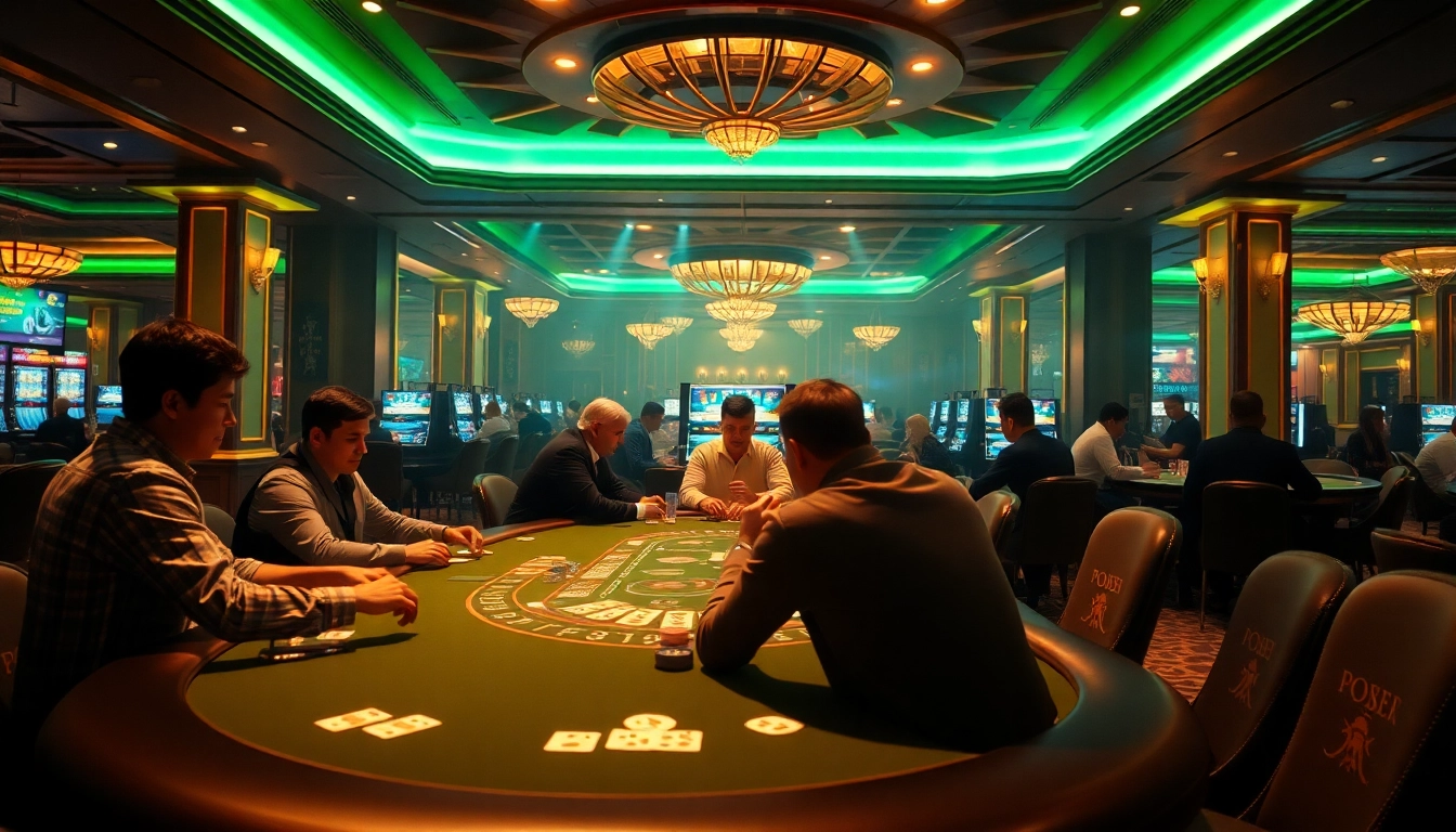 Permainan poker dengan dentoto, pemain berfokus di meja, suasana ceria di kasino.