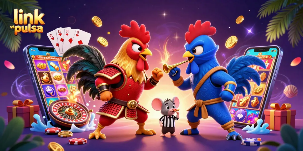 Engage in thrilling gaming with link via pulsa at Kembartogel featuring fighting roosters and casino elements.