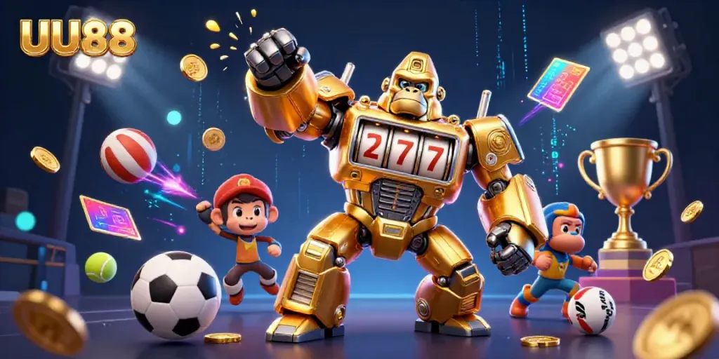 Experience thrilling gameplay with the UU88 golden gorilla mech amidst sports-themed dynamic elements.
