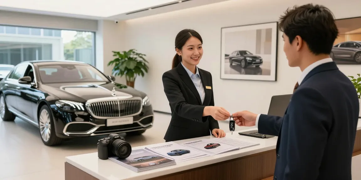 Penggambaran layanan sewa mobil mewah LUXURY 777 dengan staf yang membantu pelanggan di dalam showroom yang elegan.