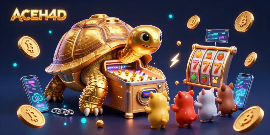Engage with ACEH4D's vibrant 3D casino world showcasing exciting slot games and crypto elements.